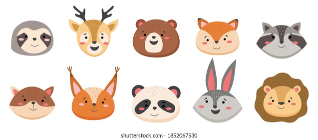 Cartoon avatar of the cute wild animals collection, smiling characters portrait isolated on white background. Emoji funny animal. Embarrassed smile emotion. Template pattern icon. Logo, sticker