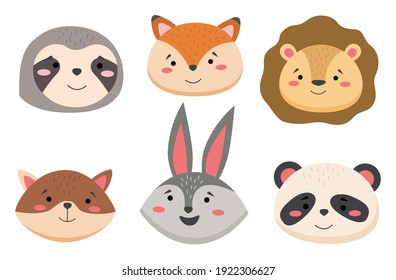 Cartoon Avatar Of The Cute Wild Animals Collection, Childish Characters Portrait Isolated On White Background. Emoji Funny Animal. Embarrassed Smile Emotion. Template Pattern Icon. Logo, Sticker