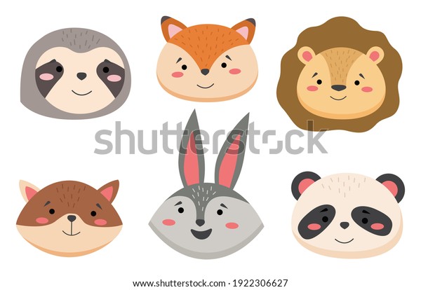 Cartoon avatar of the cute wild animals\
collection, childish characters portrait isolated on white\
background. Emoji funny animal. Embarrassed smile emotion. Template\
pattern icon. Logo,\
sticker