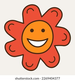 Cartoon avatar, fabulous object. Funny mascot, seven-petalled flower laughs. Flat design, drawing emotion, cute character. Isolated on white
