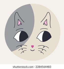 Cartoon avatar, feline face. For kids, abstract cat portrait with black eyes. Cute icon, simple style, funny character. Isolated on white
