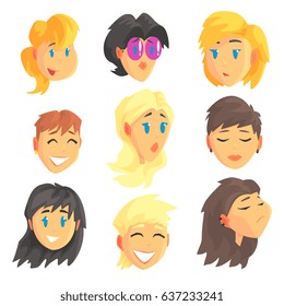 Cartoon avatar female faces with different emotions. Set of women from different nations and professions, colorful Illustrations