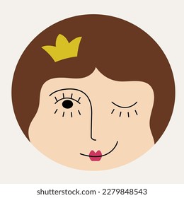 Cartoon avatar, feminine appearance. Funny mascot, sweet girlish face with crown. Flat design, drawing emotion, cute character. Isolated on white
