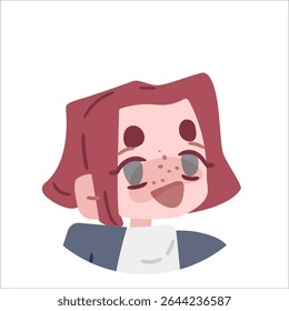 Cartoon Avatar with Freckles and Smile. Cartoon flat avatar of a smiling character with short red hair, freckles, and grey eyes. Rounded face, expressive style, isolated on white background.
