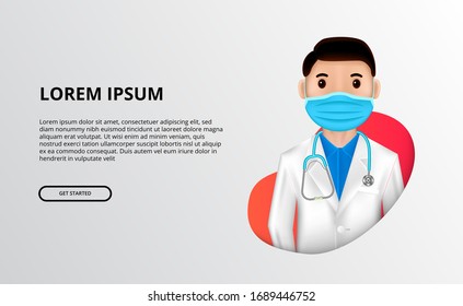 cartoon avatar illustration of doctor wear face mask. Work at hospital at global pandemic coronavirus, covid19