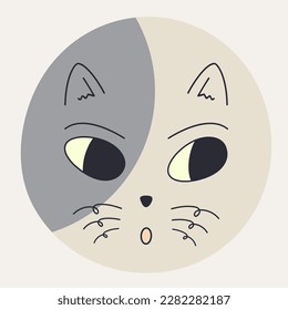 Cartoon avatar, round cat muzzle. Emoji face, abstract cat portrait with black eyes. Colorful character, Head shape, mascot logo. Isolated on white
