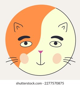 avatar de caricatura, cara de gato redondeado. Icono de carácter, gato rojo-blanco con ojos negros. Pegatina insignia, cara de la gente, criatura graciosa. Aislado sobre blanco
