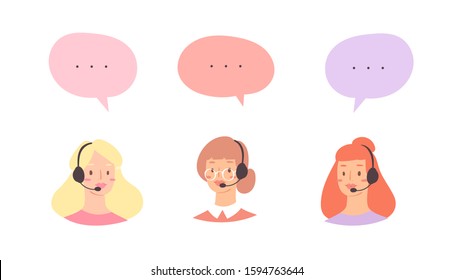 Cartoon avatar set of cute happy young women customer support phone operator with mix race nationality. Portrait of smiling girls, call center workers with headset and speech bubbles with web icons