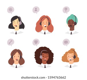 Cartoon avatar set of cute happy young women customer support phone operator with mix race nationality. Portrait of smiling girls, call center workers with headset and speech bubbles with web icons