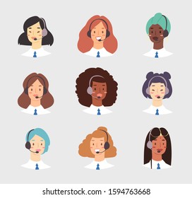 Cartoon avatar set of cute happy young women customer support phone operator with mix race nationality. Portrait of smiling girls, callcenter workers with headset. Client services and communication