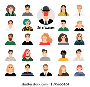Cartoon avatar set with men and women. Business corporate people portraits on white background, female and male with apple face avatars for young creative team charechers vector illustration