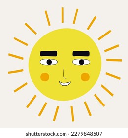 Cartoon avatar, summer sunrise. Funny sticker, abstract little sun laughs. For kids, emoji face, flat character. Isolated on white
