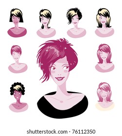 Cartoon avatar various girls faces - one of a series of similar images woman collection