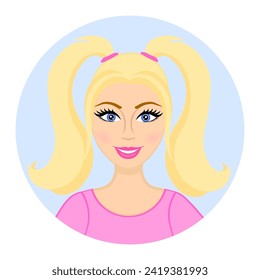 Cartoon avatar of a young girl. Smiling woman. Round icon. Cute face. Caucasian woman. Pink t-shirt. Two ponytails hairstyle. Portrait of a teen. Blond hair	