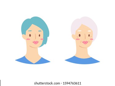 Cartoon avatars of cute young and elderly stylish woman with European nationality, hairstyles and accessories. Illustration of portrait of smiling hipster girl characters. Modern female emoticons