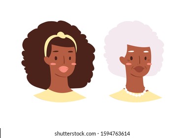 Cartoon avatars of cute young and elderly stylish woman with African nationality, hairstyles and accessories. Illustration of portrait of smiling hipster girl characters. Modern female emoticons