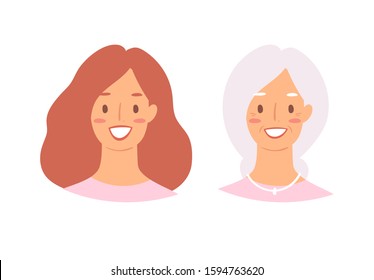 Cartoon avatars of cute young and elderly stylish woman with European nationality, hairstyles and accessories. Illustration of portrait of smiling hipster girl characters. Modern female emoticons