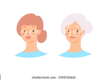 Cartoon avatars of cute young and elderly stylish woman with European nationality, hairstyles and accessories. Illustration of portrait of smiling hipster girl characters. Modern female emoticons