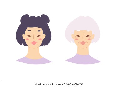Cartoon avatars of cute young and elderly stylish woman with asian nationality, hairstyles and accessories. Illustration of portrait of smiling hipster girl characters. Modern female emoticons