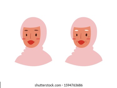 Cartoon avatars of cute young and elderly stylish woman with Arab nationality, hairstyles and accessories. Illustration of portrait of smiling hipster girl characters. Modern female emoticons