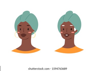 Cartoon avatars of cute young and elderly stylish woman with African nationality, hairstyles and accessories. Illustration of portrait of smiling hipster girl characters. Modern female emoticons