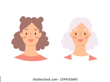 Cartoon avatars of cute young and elderly stylish woman with European nationality, hairstyles and accessories. Illustration of portrait of smiling hipster girl characters. Modern female emoticons