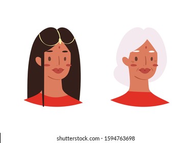 Cartoon avatars of cute young and elderly stylish woman with Indian nationality, hairstyles and accessories. Illustration of portrait of smiling hipster girl characters. Modern female emoticons