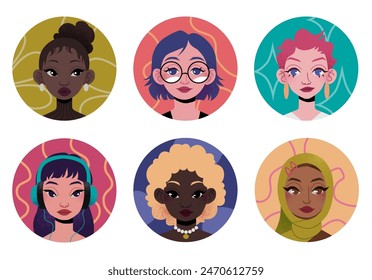 Cartoon avatars girls characters. Smiling happy people in doodle style. Asian woman with headphones, girl in hijab, girl wearing glasses