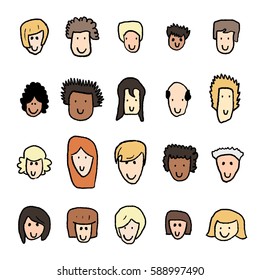 Cartoon avatars icon set - cute doodle vector faces.