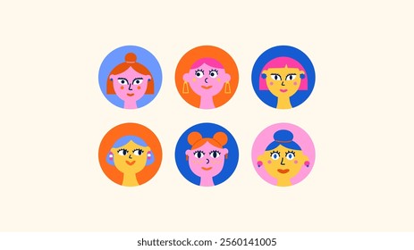 Cartoon avatars retro characters faces. Smiling happy people in doodle style. Custom icons acid hippie female portraits