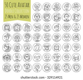 Cartoon avatars in trendy hand drawn doodle style.Set of women, men character faces with different emotions, professions, hobby.Cute vector isolated on white.All people are grouped for easy editing.