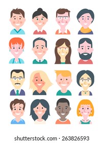 Cartoon avatars of young women and men in modern flat design style. Various hairstyles, trendy colors, happy facial expressions. Cartoon illustrations isolated on white background.