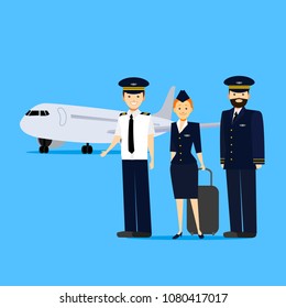 Cartoon Aviation Crew Members and Aircraft on Blue Background Professional Concept Element Flat Design Style. Vector illustration