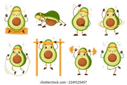 Cartoon avocado athlete. Funny vegetable character, sport mascot, cute green fruit gym activities, push and pull ups, yoga and fitness, healthy lifestyle. Kawaii emoticon workout vector set