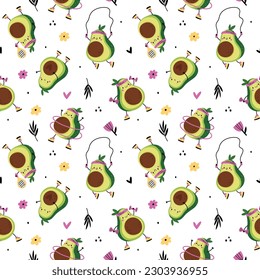 Cartoon avocado athlete seamless pattern. Cute character doing sport exercises. Vegetarian mascot. Different poses. Gym workout. Healthy lifestyle. Fruit fitness. Garish