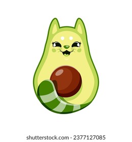 Caricatura del personaje de un gato aguafiestas. Personaje de mascotas captado aislado que combina gatito con verdura aguacate. Fantasía juguetona vegetal animal con vaza kawaii y cola rayada