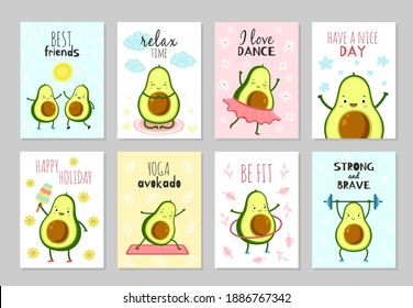 Cartoon Avocado-Karten. Reinheit gesundes Essen, Baby Party Spaß Flyer. Positiver Inspirationstext, grüne Schriftzeichen Kinderbanner exakt Vektorset