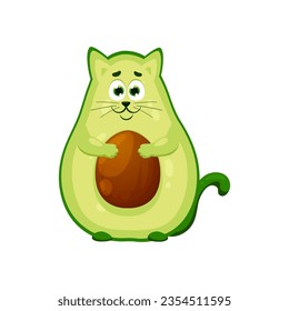 Caricatura del gato aguacate. Vector aislado adorable y caprichoso personaje que combina el encanto de un gatito con el gusto de una verdura aguacate. Criatura de verduras animales juguetonas y deliciosas