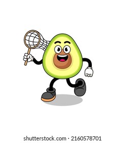 Cartoon of avocado catching a butterfly , character design