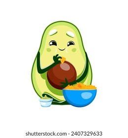 Cartoon avocado Charakter essen nachos Chips, Vektor Emoji Emoticon. Cute lustige lächelnde Avocado mit Nacho-Chips und Guacamole Salsa-Sauce-Tauchen in Schüssel für mexikanische Küche Essen oder Snack-Paket