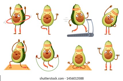 Cartoon avocado character fitness. Funny avocados in yoga poses, gym cardio and vegetarian sport food mascot. Balancing or cardio fitness exercise avocado. Isolated vector illustration icons set