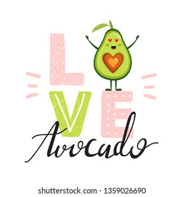 Cartoon avocado character with heart and trendy lettering. Stylish typography slogan design "Love avocado" sign. Design for t shirts, stickers, posters, cards etc. Vector illustration.