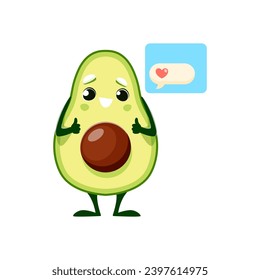 Cartoon avocado Charakter mit Liebe Herz Schild und Daumen hoch, Vektoremoji Emoticon. Cute lustige Avocado mit Liebe Botschaft Blase und Herz oder Liebe Symbol, Kinder kawaii Essen-Persönlichkeit