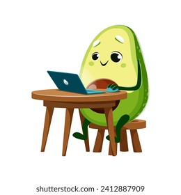 Caricatura de aguacate con cuaderno. Personaje infantil de aguacate sentado en el escritorio, trabajando, aprendiendo o viendo contenido en línea en una laptop. Personaje divertido vectorial de niños de frutas tropicales usando computadora