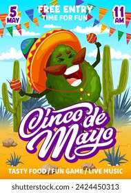 Cartoon avocado character on cinco de mayo mexican holiday flyer. Vector invitation poster for event celebration with vegetable mariachi musician in sombrero playing maracas music in decorated desert