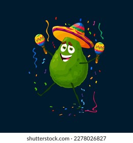 Caricatura en un sombrero mexicano con sombrero mexicano con maracas. Alegre artista de mariachi frutal personage tocando música en el Festival Cinco de Mayo con colorido confetti en caída