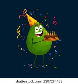 Caricatura de aguacate en fiesta de vacaciones con pastel de cumpleaños, fondo vectorial. Feliz aguacate gracioso en sombrero de gorra de cumpleaños y confeti para celebración de vacaciones con cara de sonrisa y pastel de chocolate