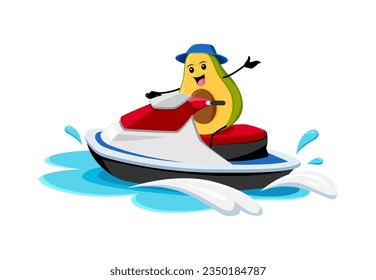 Caricatura de aguacate montando en bicicleta acuática durante las vacaciones de verano. Personaje vectorial aislado que permite disfrutar de actividades recreativas al aire libre y relajación en el mar relajándose por el océano durante las vacaciones