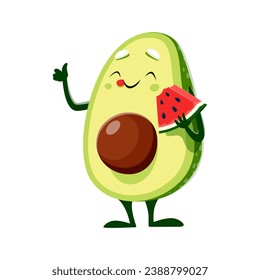 Cartoon avocado character with watermelon. Isolated cute vector avocado half with seed, food personage joyfully munches on a juicy fruit slice, radiating pure delight and refreshing summertime vibes