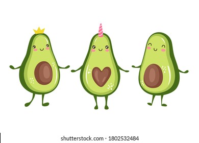 Cartoon avocado characters cute princess, unicorn. Funny fruits collection isolated on white background. Kawaii vector illustration. Kids print, greeting cards, vegan posters, vegetarian banner.